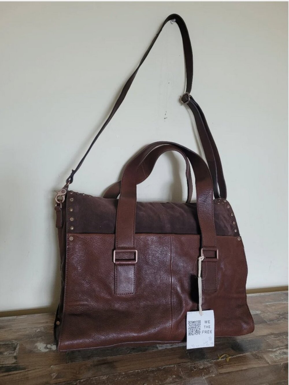Free People Brown Distressed Leather Studded Satchel Crossbody Bag Boho Shoulder - Picture 6 of 10
